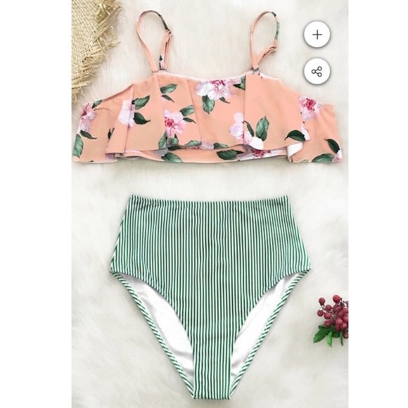 Cupshe Other - Cupshe Floral & Green Stripe Bikini Size Medium